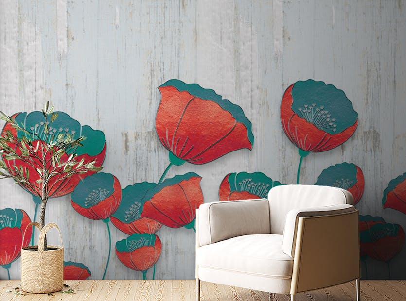 Peel and Stick Blooming 3D Red Floral Wallpaper Mural