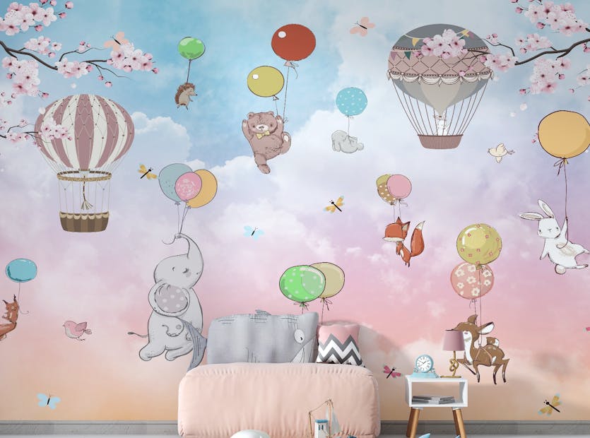 Peel and Stick Hot Air Balloons with Animals Wallpaper