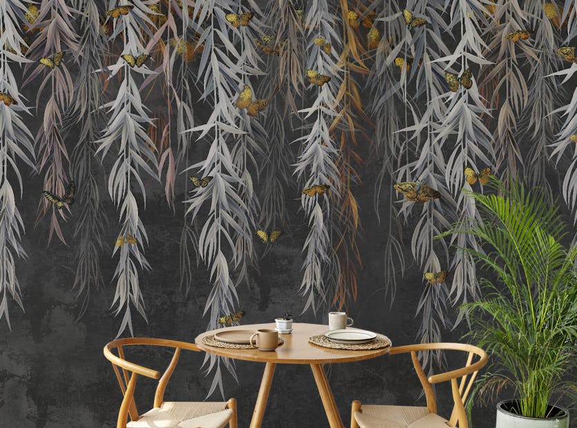 Peel and Stick Golden Butterflies on Hanging Leaves Wall Mural