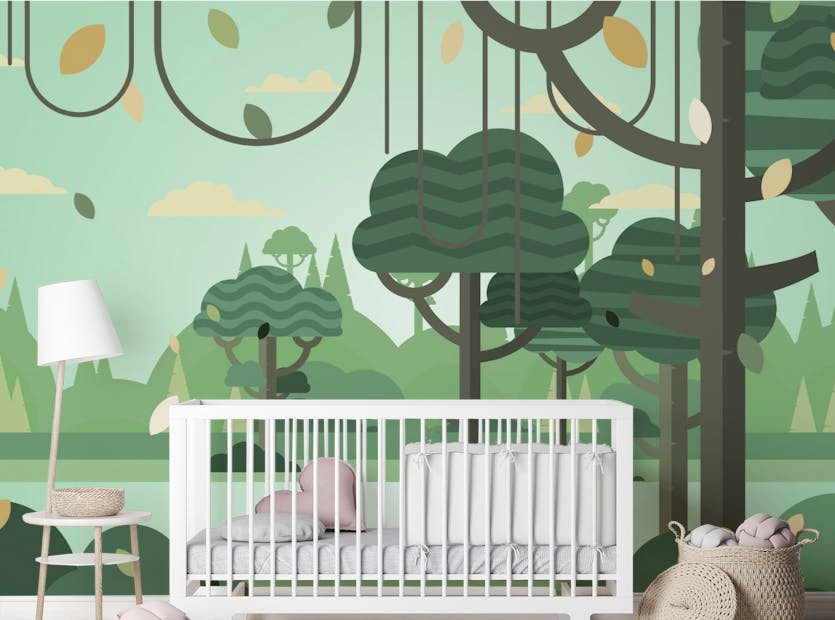 Peel and Stick Green Silhouette Forest Botanical Striped Tree kids Wall Mural