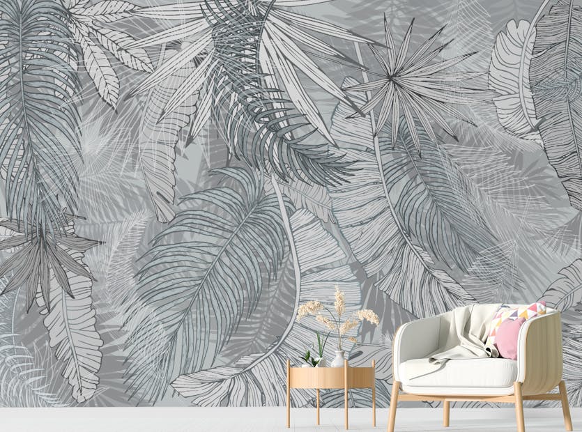 Peel and Stick Grey & White Charcoal Leafy Illustrated Wallpaper Murals