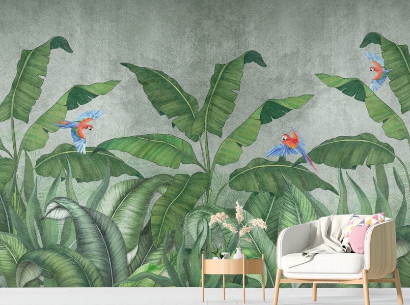 Peel and Stick Green Plantains & Parrots Wallpaper Mural