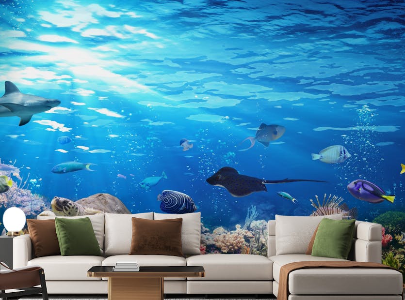 Peel and Stick Deep Blue Sea Water with Corel Reef wallpaper Mural