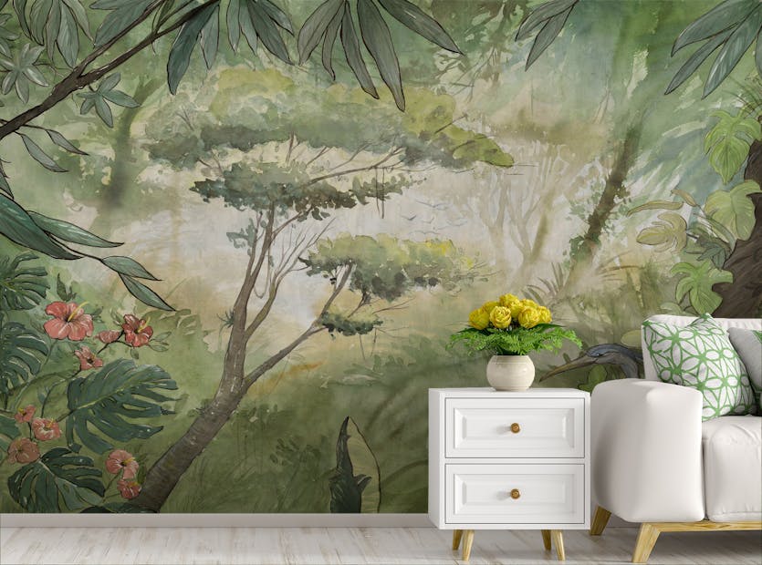 Peel and Stick Green Watercolor Forest Wallpaper Murals