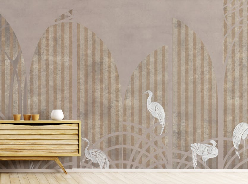 Peel and Stick Art Deco Golden Striped Pattern White Crane Wall Murals