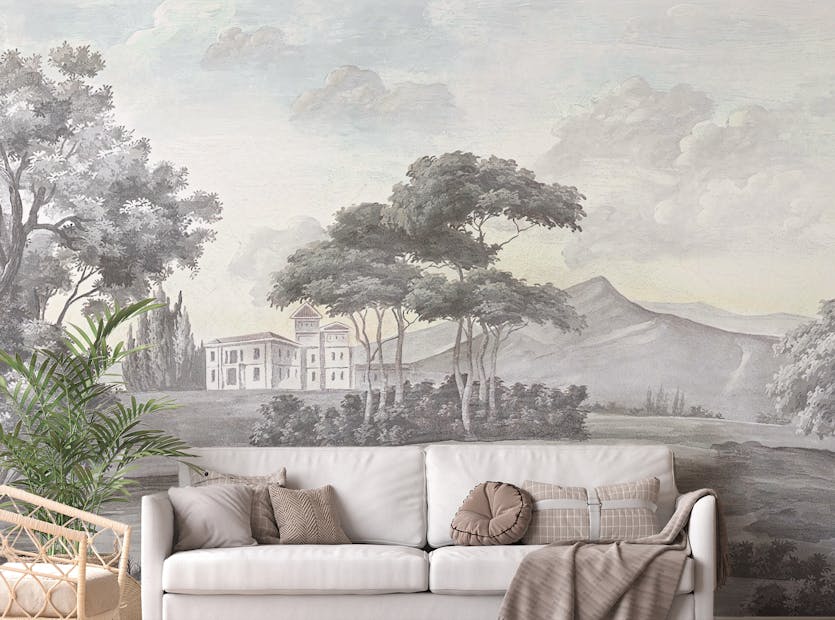 Peel and Stick Gray Color Sketched Town Wallpaper Mural