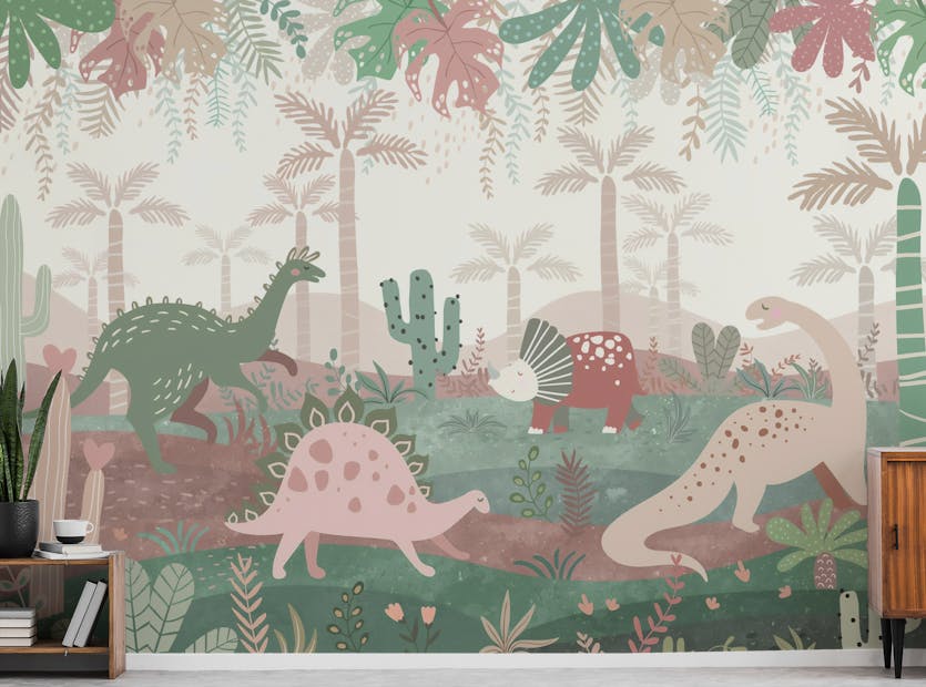 Peel and Stick Green & Pink Color Dinosaurs Enjoying Wallpaper Mural