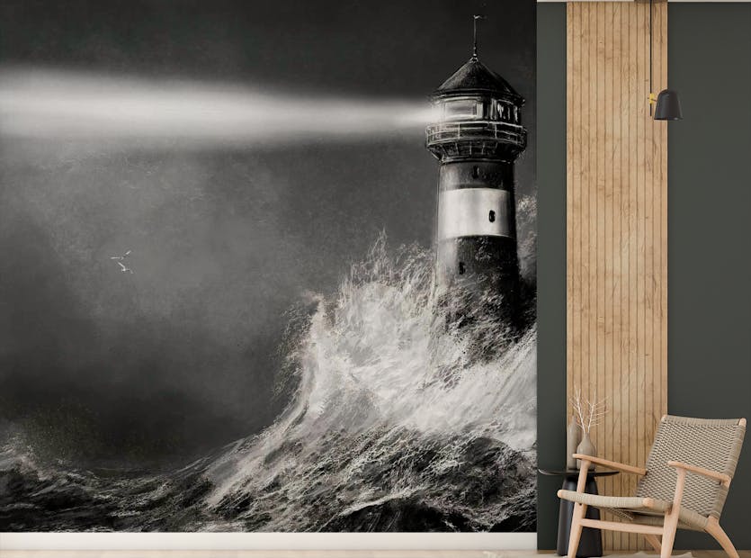 Peel and Stick Monochrome Lighthouse in a sea of fierce waters Wallpaper