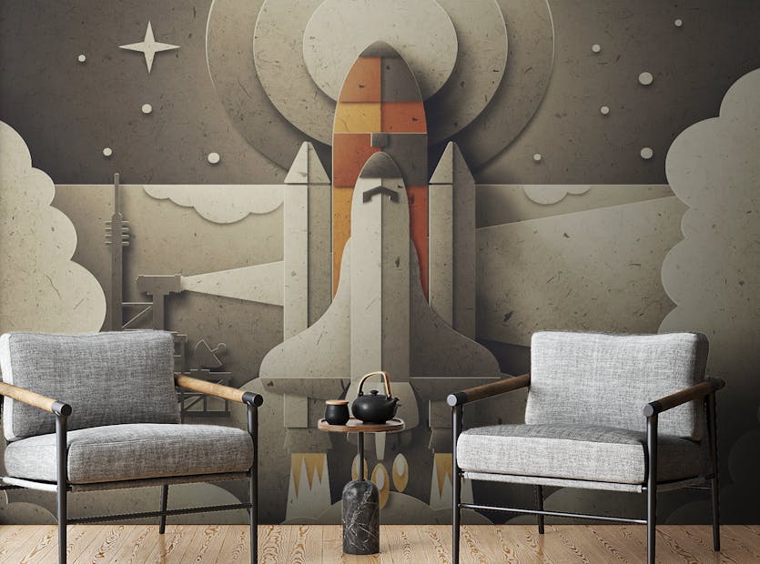 Peel and Stick Retro Space Rocket Wallpaper for kids