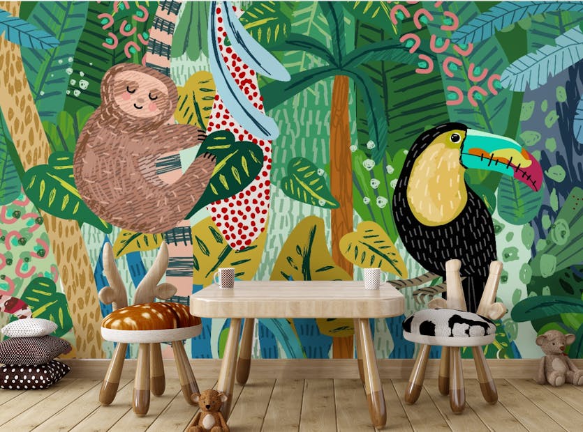 Peel and Stick Monkey & Toucan with Leopard Abstract design Wallpaper Murals