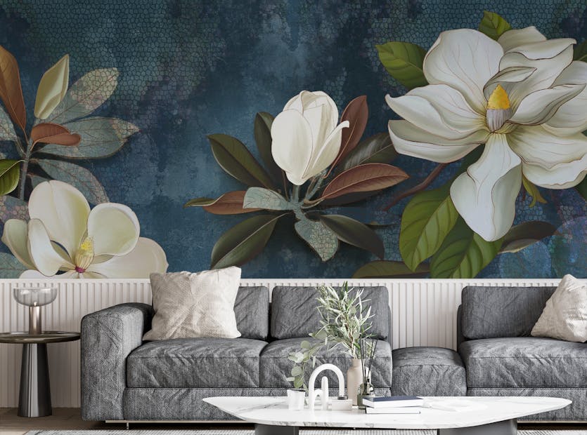 Peel and Stick Blue Magnolia Flower Wallpaper Mural