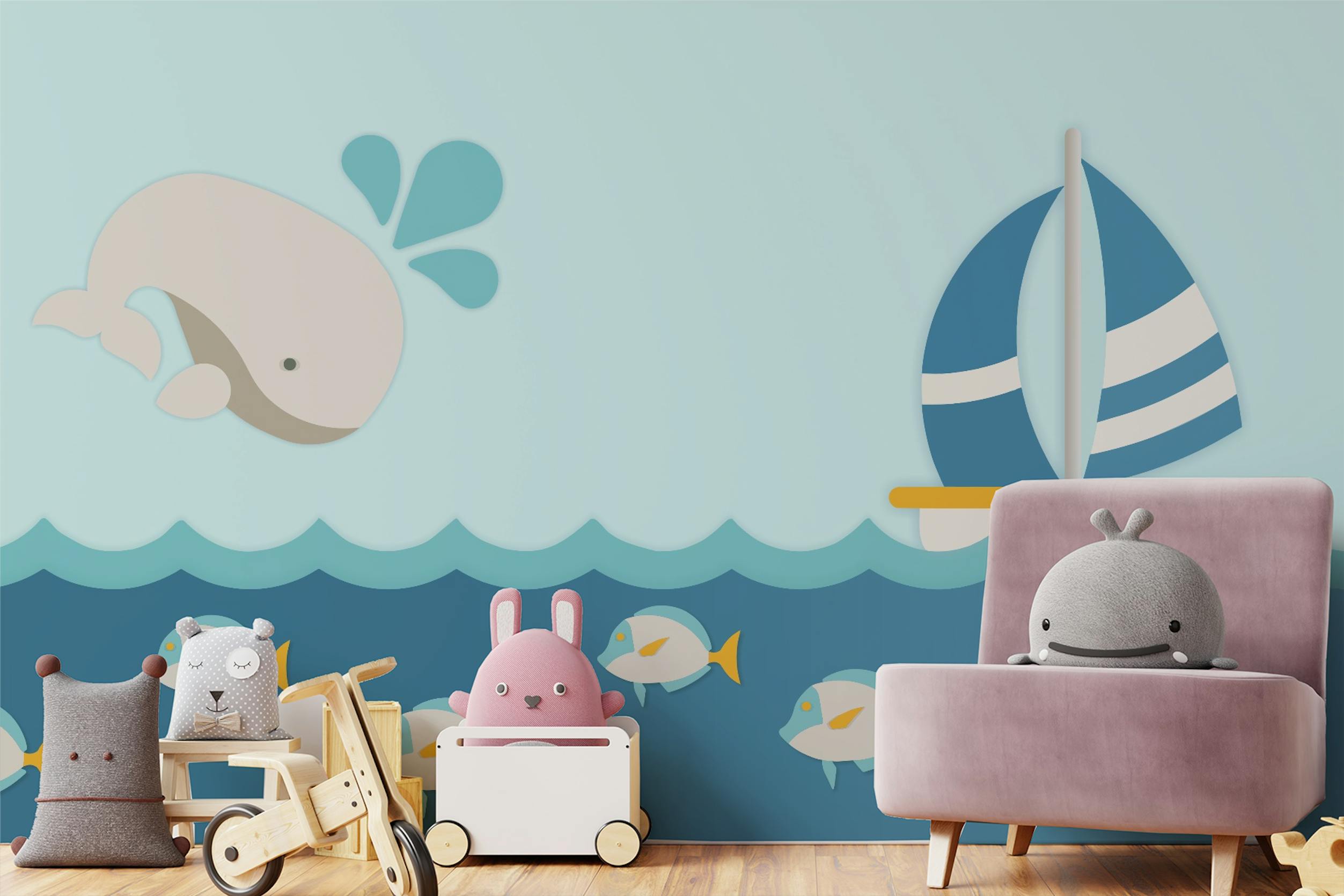 Whale with Boat Kids Room Wallpaper Murals