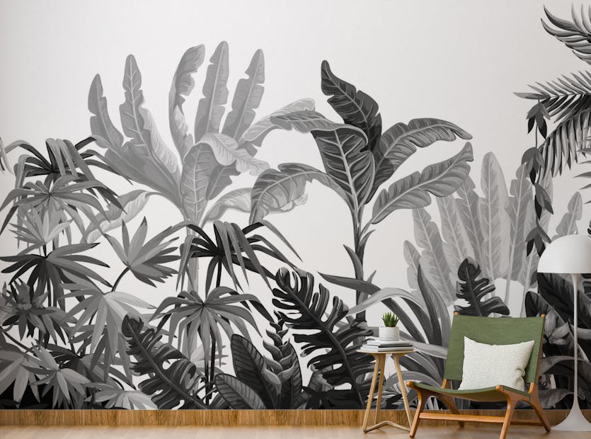 Peel and Stick Black & White Tropical Banana Leaves Wallpaper Mural