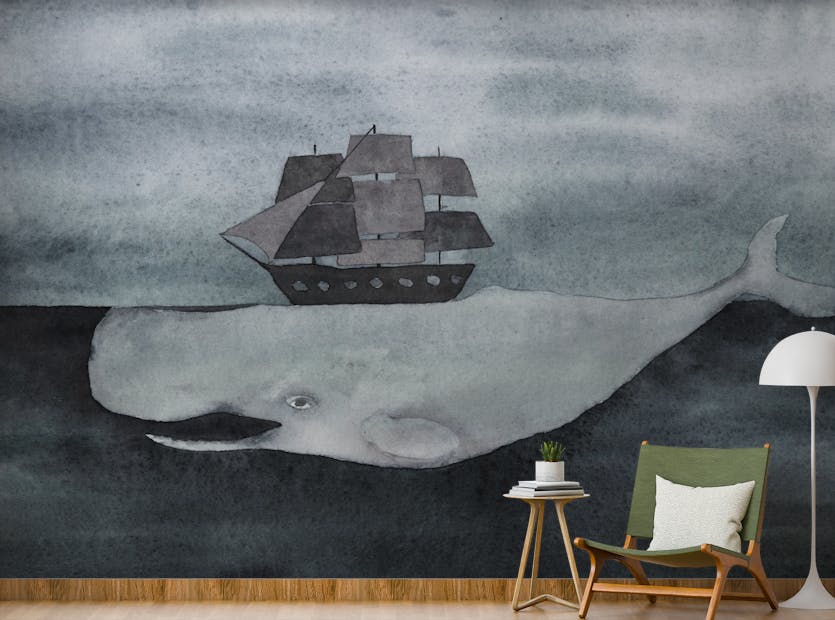 Peel and Stick Dark Watercolor Whale design with Ship Wallpaper Murals