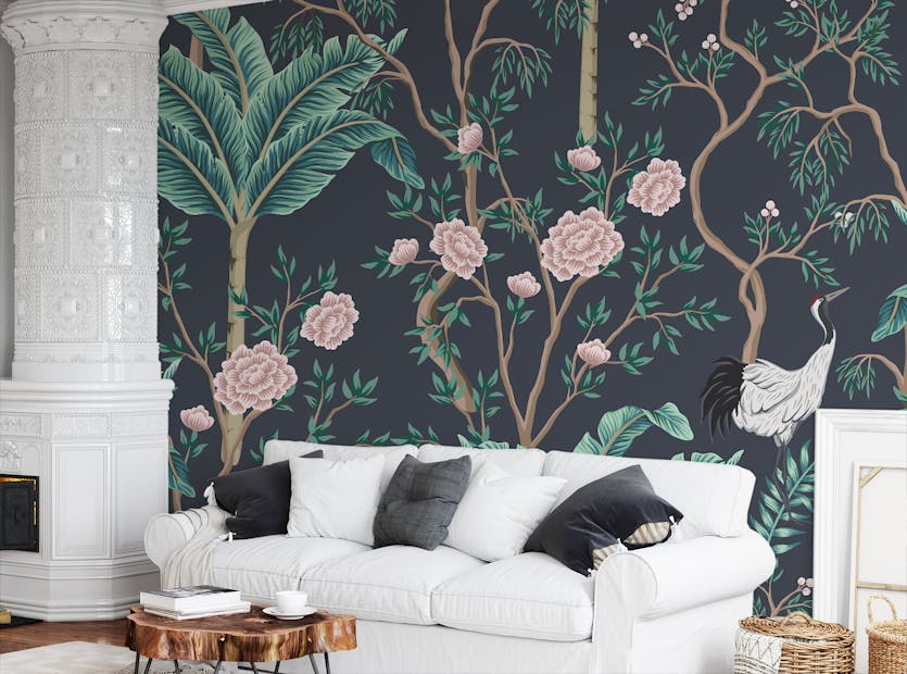 Peel and Stick White Birds with Green Leaves & Pink Floral Wallpaper Mural