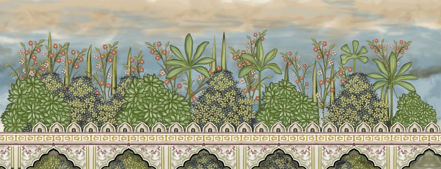 a863 mughal garden wall painting artwork manually illustrated hand made painting