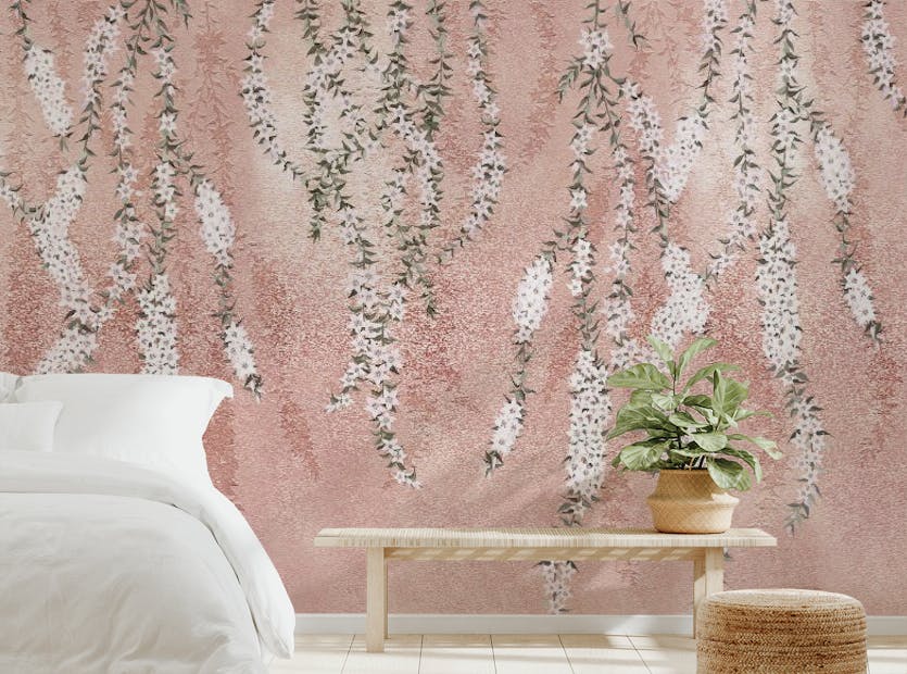 Peel and Stick Hanging Flower branches on a pink wallpaper