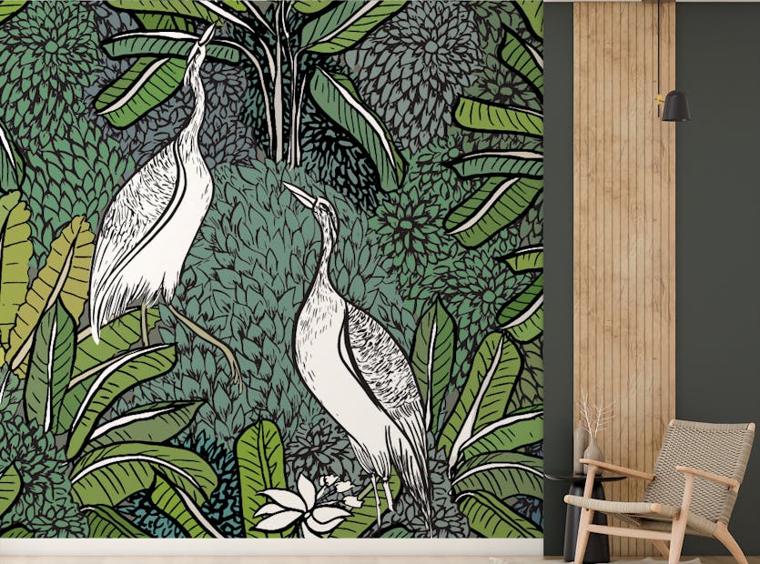 Peel and Stick White Crane Birds Green Tropical Plants Wallpaper