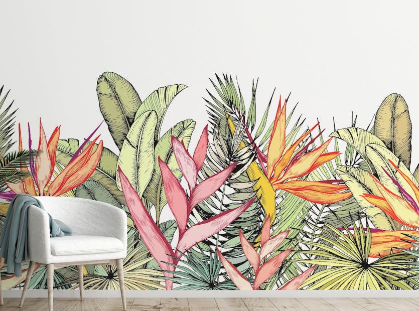 Peel and Stick Colorful Tropical Palm Leaves Flowers Wall Murals