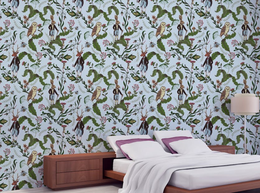 Peel and Stick Rabbit & Owl with Green Leaves Wallpaper
