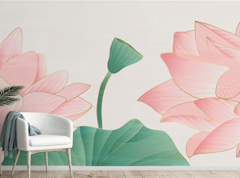 Peel and Stick Large Golden & Pink Lotus Wallpaper Murals