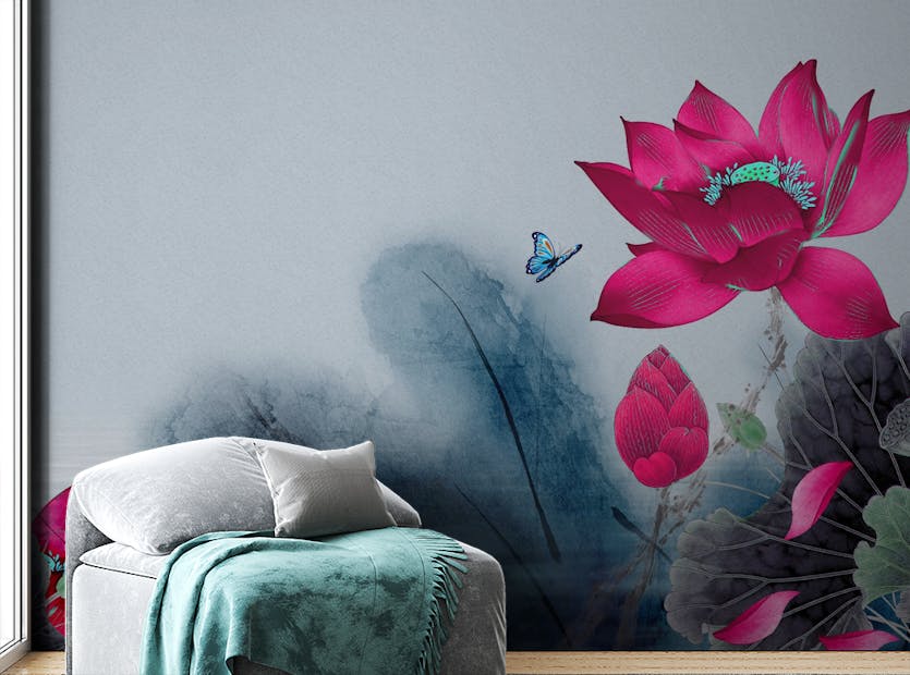 Peel and Stick Red Water Lilies Wall Mural Wallpaper