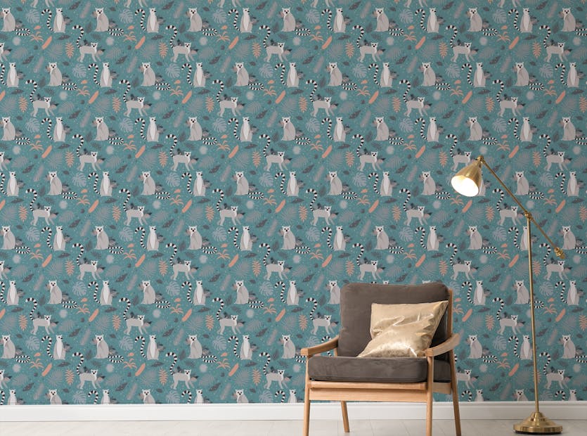 Peel and Stick Lemurs with Tropical Palm Leaves Wallpaper
