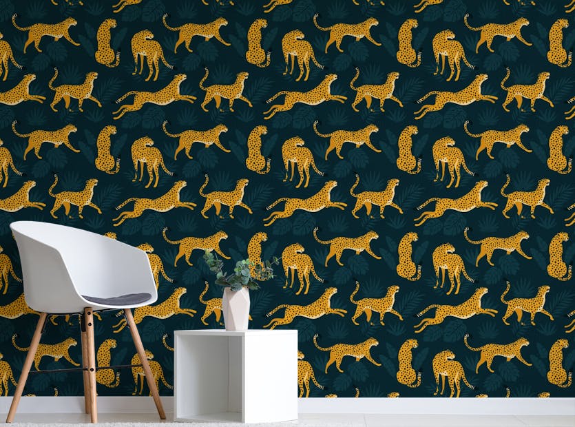 Peel and Stick Yellow Leopard on Dark Leaves Wallpaper