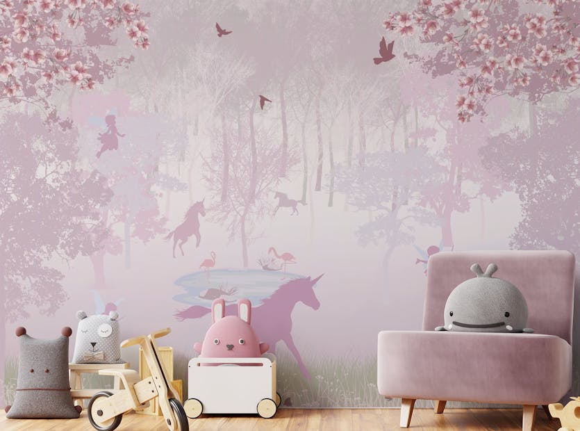 Peel and Stick Pink Unicorn Pink Forest Wall Murals