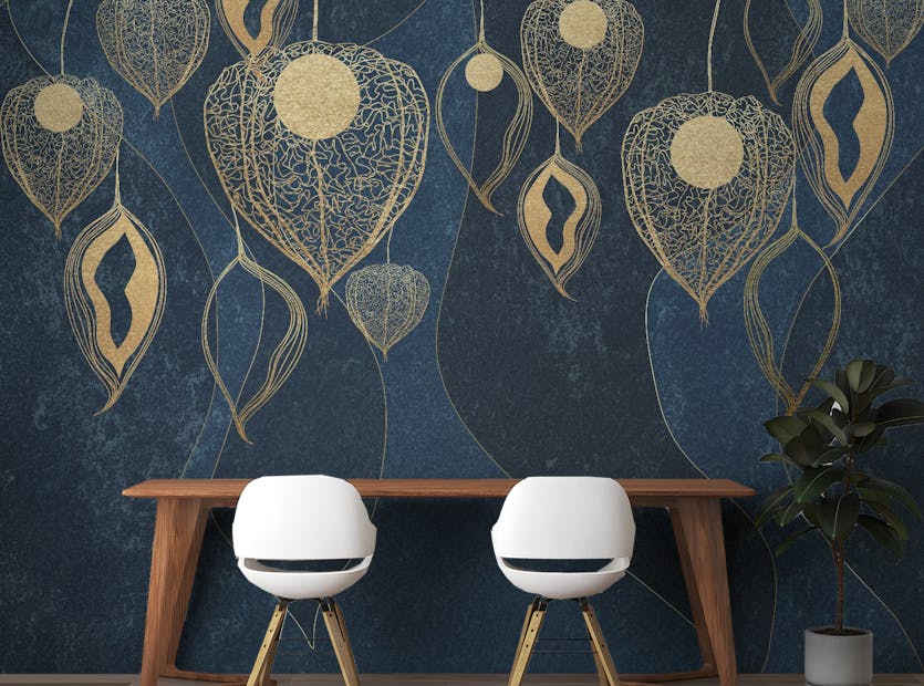 Peel and Stick Golden Leaves on Dark Blue Wallpaper Murals