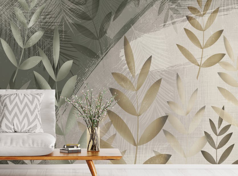 Peel and Stick Green and Beige Color Leaves Wallpaper Murals