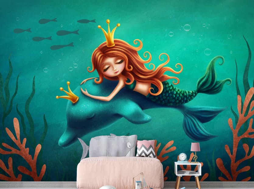 Peel and Stick Underwater Mermaid and Dolphin Ride Removable Wallpaper Murals
