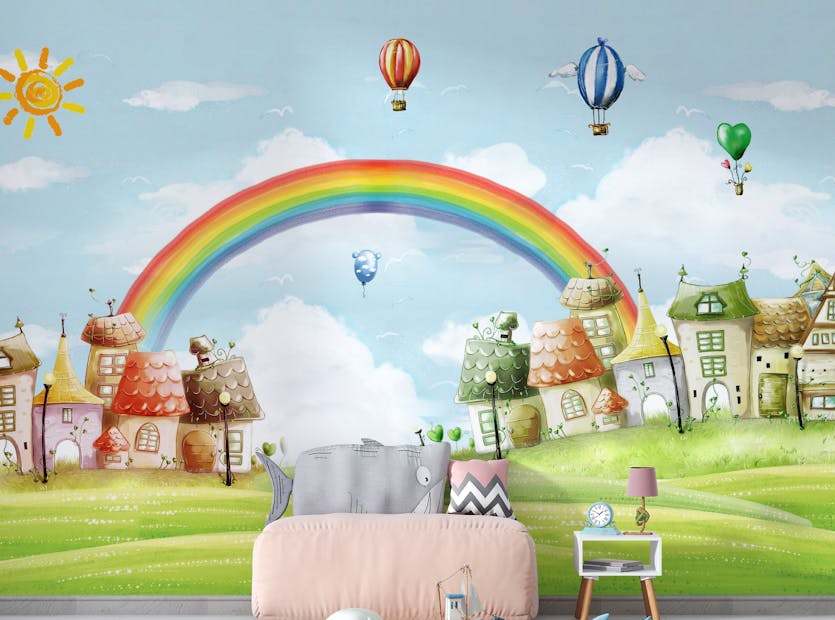 Peel and Stick Kids City Landscape Rainbow Balloons Wallpaper Murals