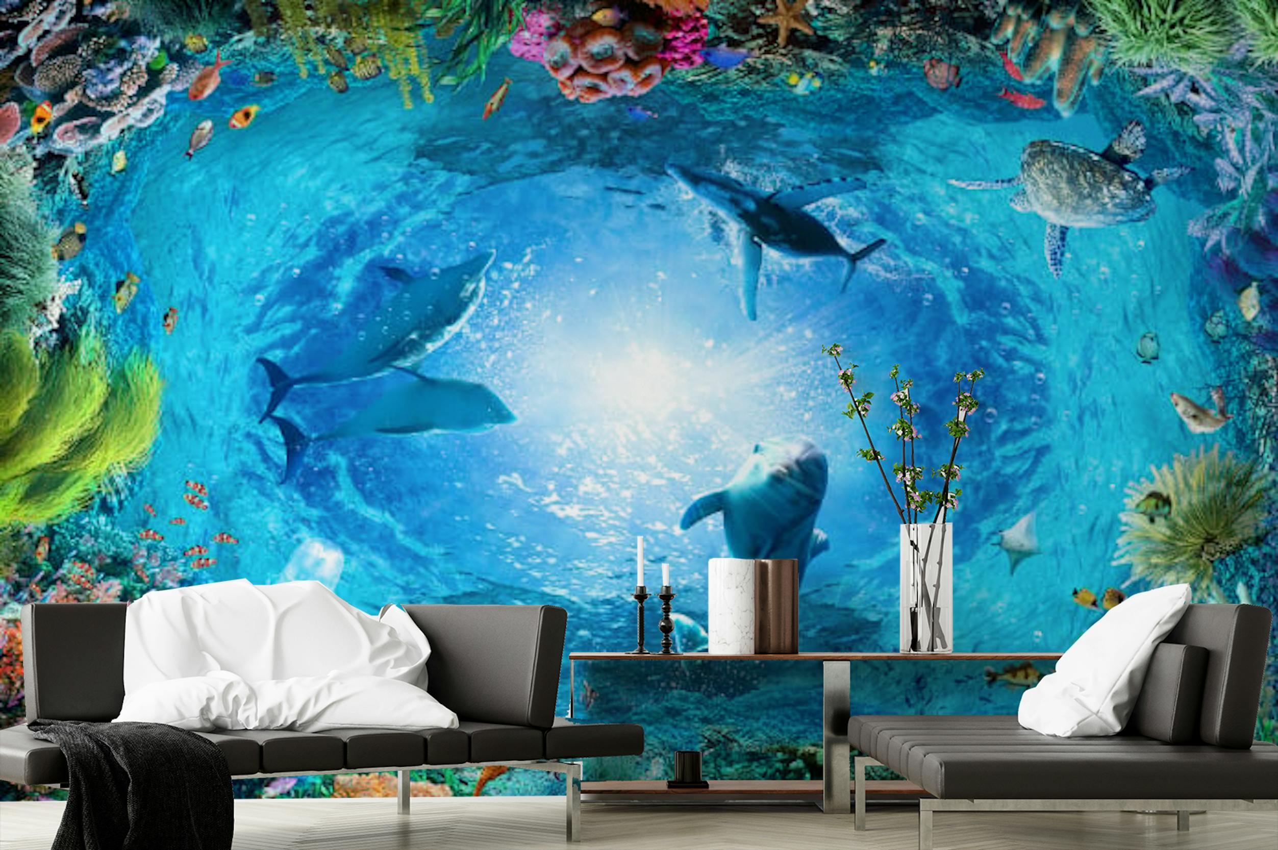 Underwater Landscape Aqua Blue Dolphin Wallpaper