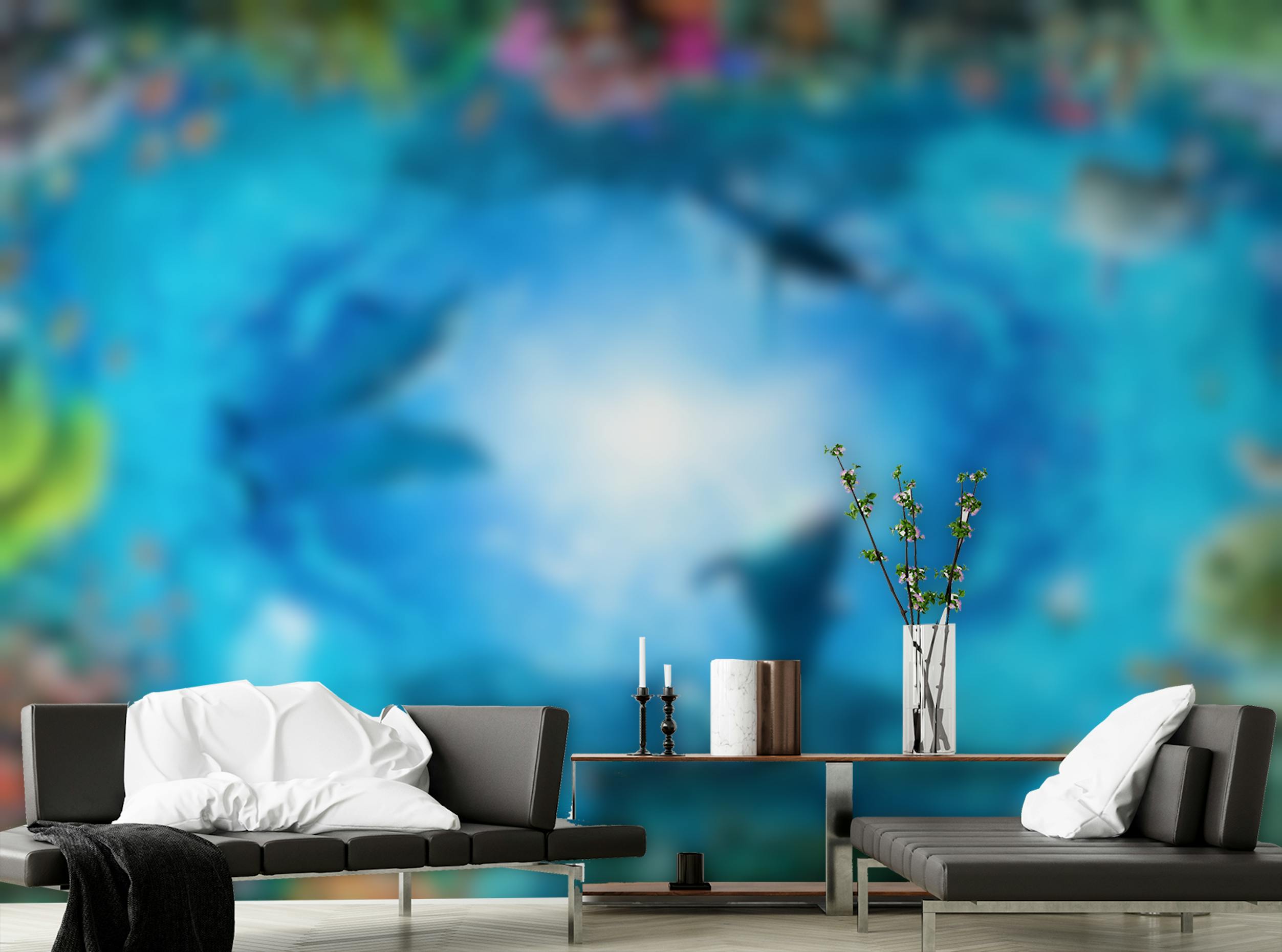 Peel and Stick Underwater Landscape Aqua Blue Color Dolphin Wallpaper