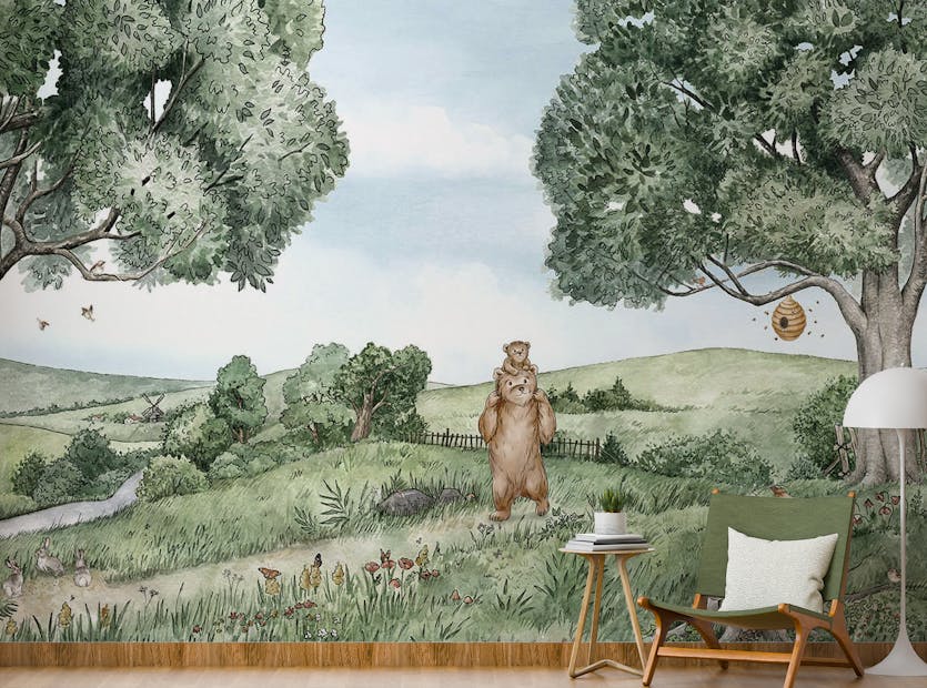 Peel and Stick Bear and bees wallpaper murals