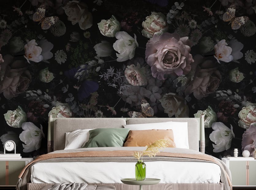 Peel and Stick Pink Roses and Dark Wild Flowers Wallpaper Mural