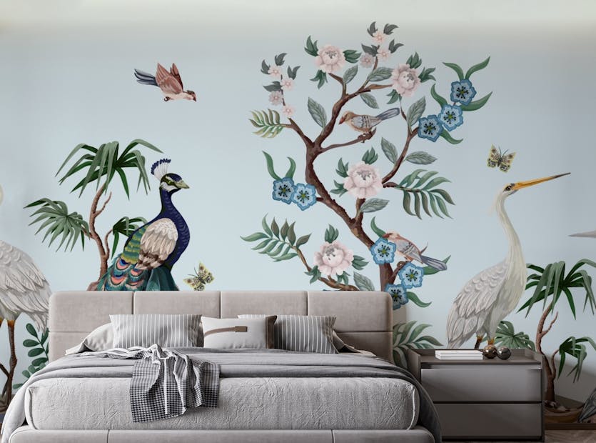 Peel and Stick Peacock & Heron Bird Chinoiserie Wallpaper Murals