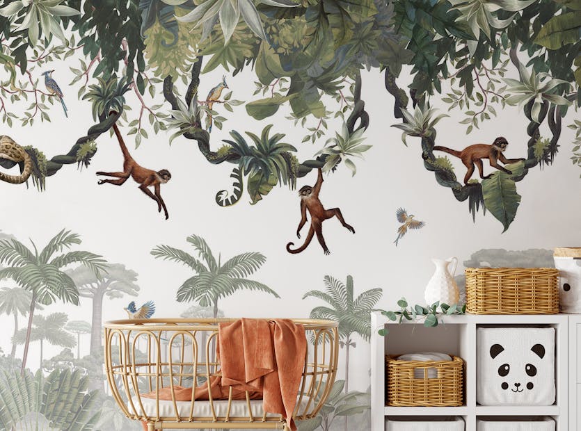 Peel and Stick Cheeky Hanging monkeys wallpaper murals