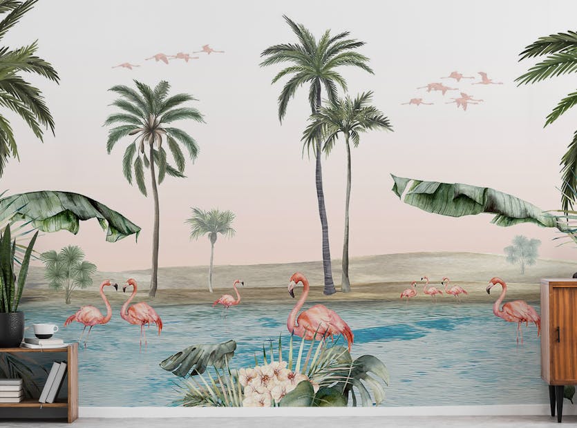 Peel and Stick Flamingo oasis with pink background wallpaper