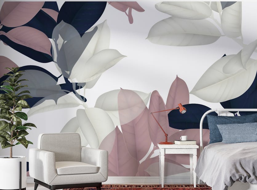 Peel and Stick White & Pink Large Leaves Wallpaper Murals