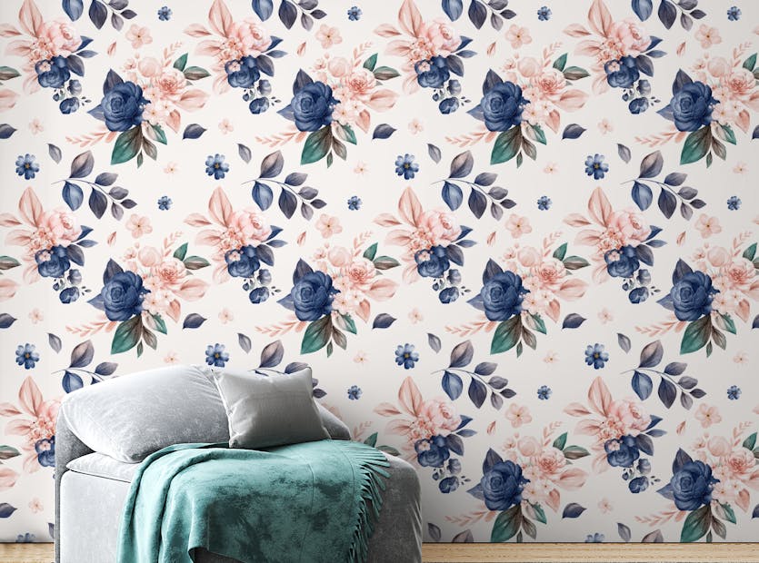 Peel and Stick Navy and Peach Colored Floral Wallpaper
