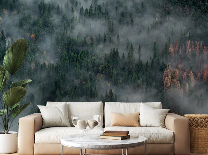 Peel and Stick Foggy Green Pine Forest Wallpaper Mural
