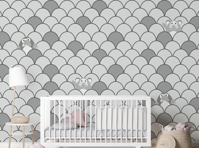 Peel and Stick Grey Color Kids Animated Motifs Wallpaper Mural