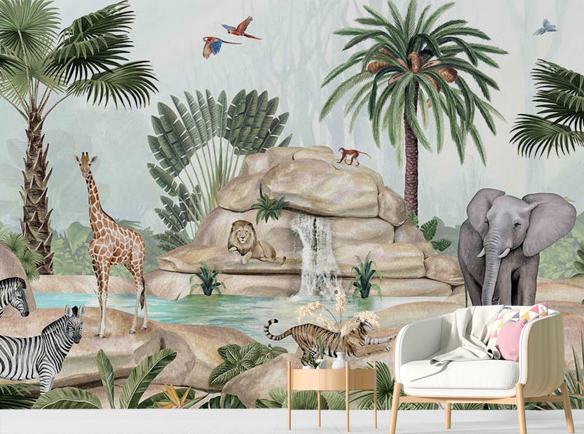Peel and Stick Watercolor Animals near water Pond Wallpaper