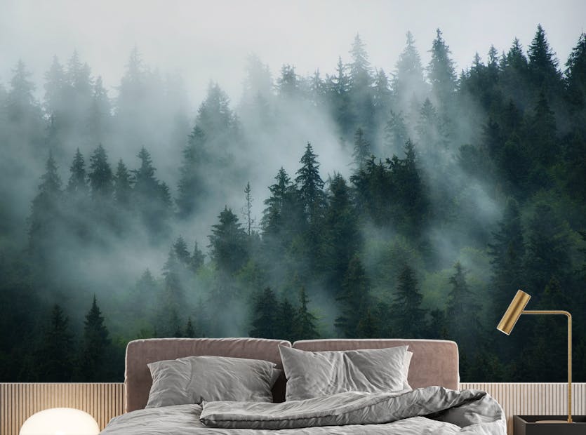 Peel and Stick Green Tree Foggy Forest Jungle Wallpaper Murals