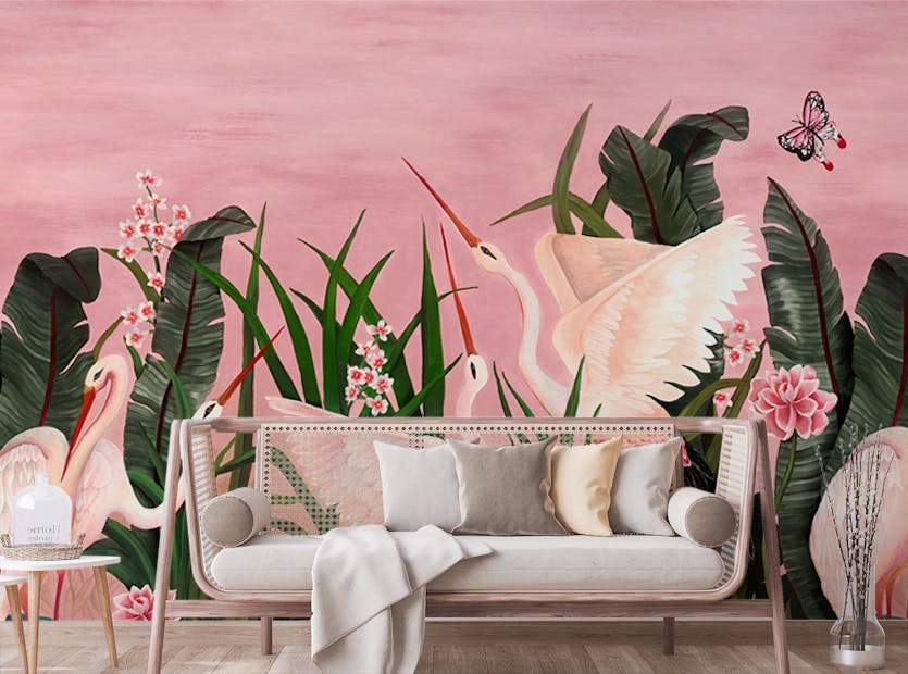 Peel and Stick Banana Leaf Pink Flamingo Wallpaper Mural