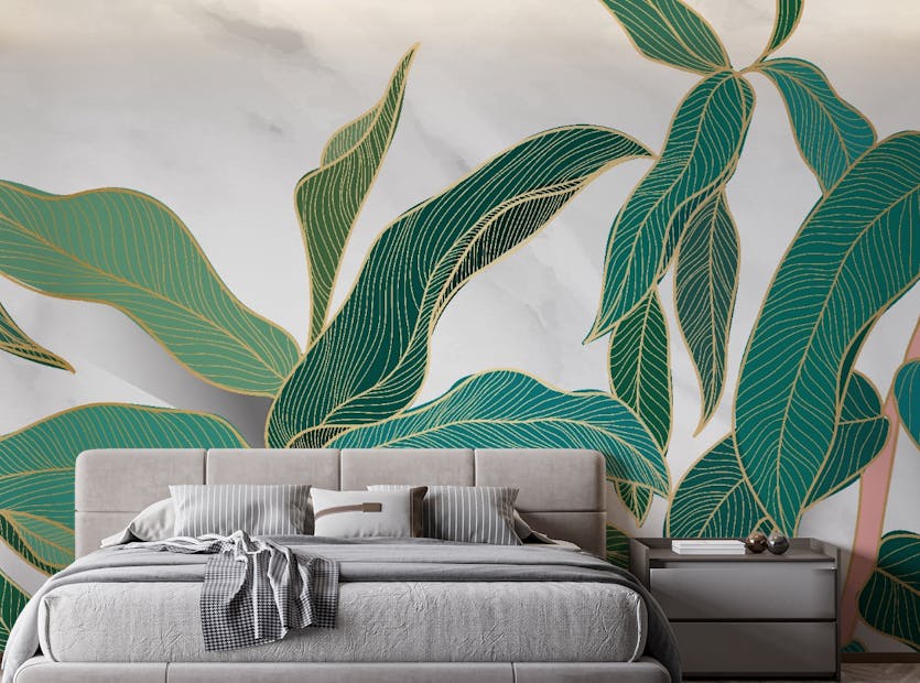 Peel and Stick Tropical Gold Rimmed Leaves Wallpaper Mural