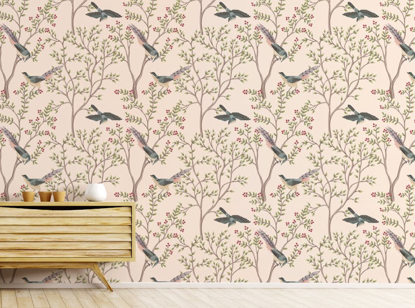 Peel and Stick LIght Pink Leaves and Bird Wallpaper Murals 