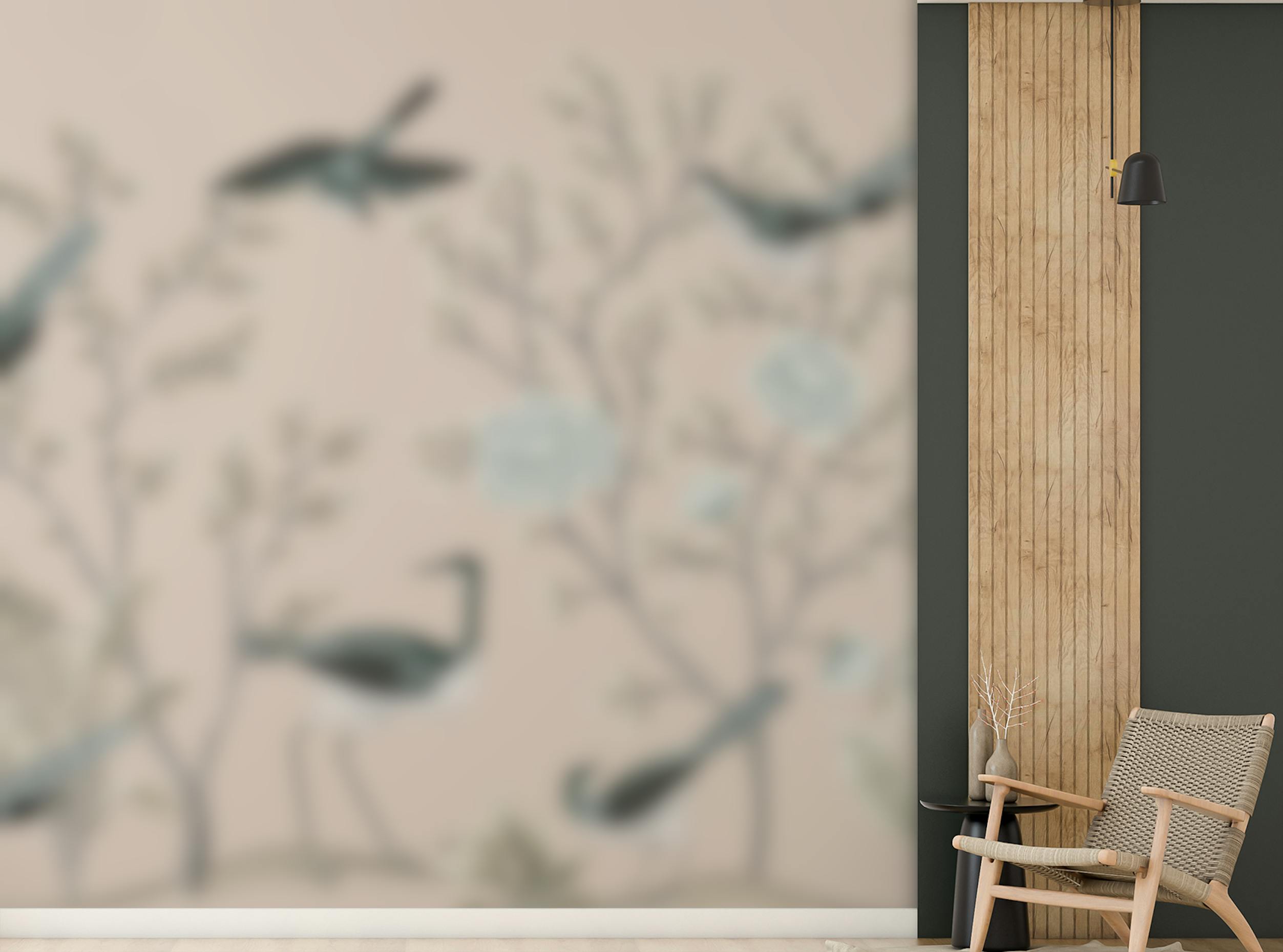 Peel and Stick Cream Color Crane Birds on the Vintage Tree Wallpaper Mural